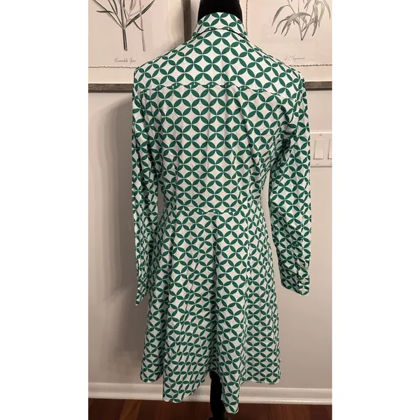 Boden Shirt Dress Long Sleeve Button Up Cotton Green/White Geometric Size 6R - Image 2