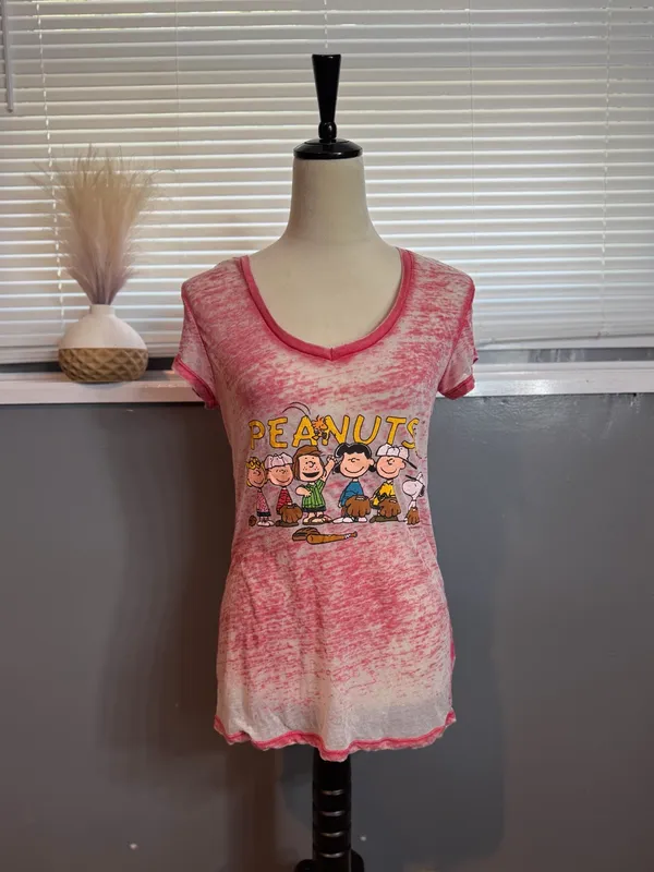 Peanuts Snoopy Pink Burnout Baseball Graphic Tee Size M Y2K - Image 3