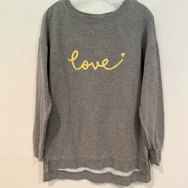 Marled Comfy Cozy Long Sleeve Split Hem Love Sweatshirt Women's Medium‎ Gray - Image 3