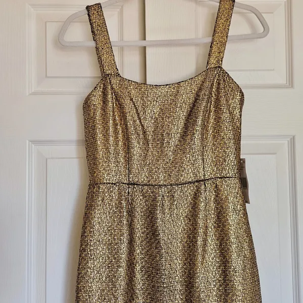 Mestiza New York Jody Metallic Gold Tweed‎ Square Neck Flutter Hem Midi Dress 2 - Image 4