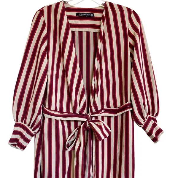 Zara Woman Burgundy Cream Striped Longline Wrap‎ Tunic Top XS - Image 7