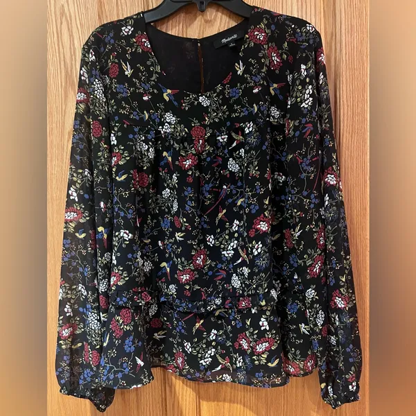 Madewell Sheer-Sleeve Ruffle Peplum Top Blouse in Black Finch Floral‎ Size Large - Image 6