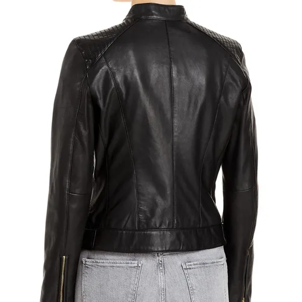 Cole Haan Signature Faux Leather Quilted Biker Jacket Black‎ Gold Size Medium - Image 2