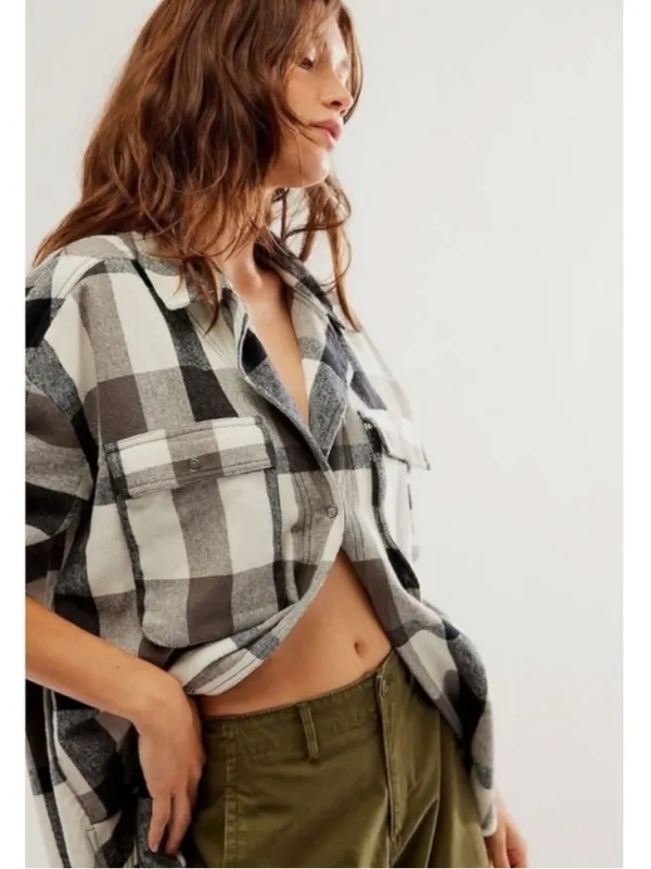 We The Free Free People Izzie Plaid Oversized Cargo Shirt Jacket Shacket Large Grunge 90s - Image 6
