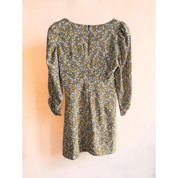 Lush Floral Mini Dress Teal Mustard Puffed Long Sleeve Sweetheart Tie XS‎ - Image 2