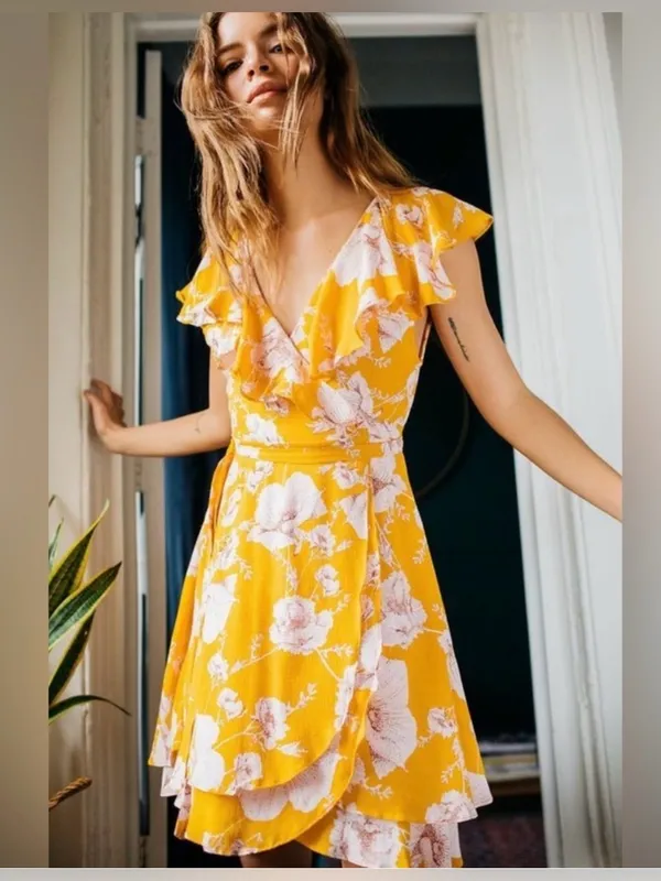 Free People Yellow Floral Wrap Mini Dress - Image 3