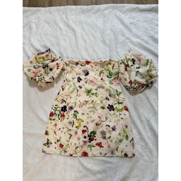 H&M Linen Blend Floral Off Shoulder Puff Sleeve LaceUp Back Dress size M -42 - Image 3