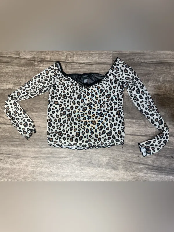 Just Polly New York Leopard Print Sheer Mesh Long Sleeve Crop Top Size L - Image 3