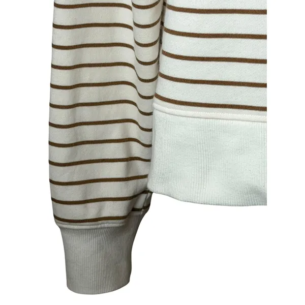 Evereve Striped Sweatshirt Women Medium Ivory Tan‎ Snap Detail Preppy Coastal - Image 7