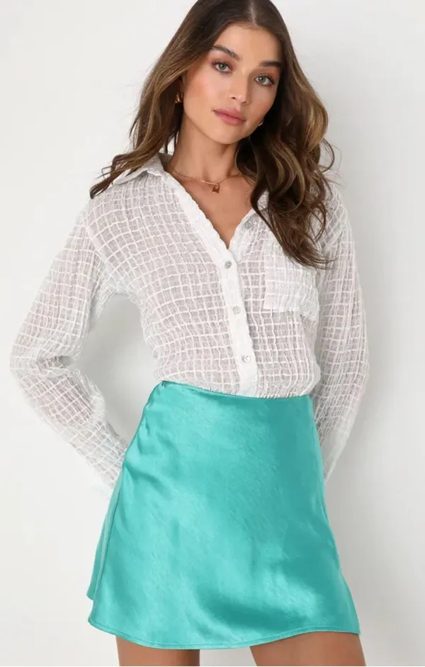 Lulus Flirty Days Teal Blue Satin Mini Skirt - Image 2