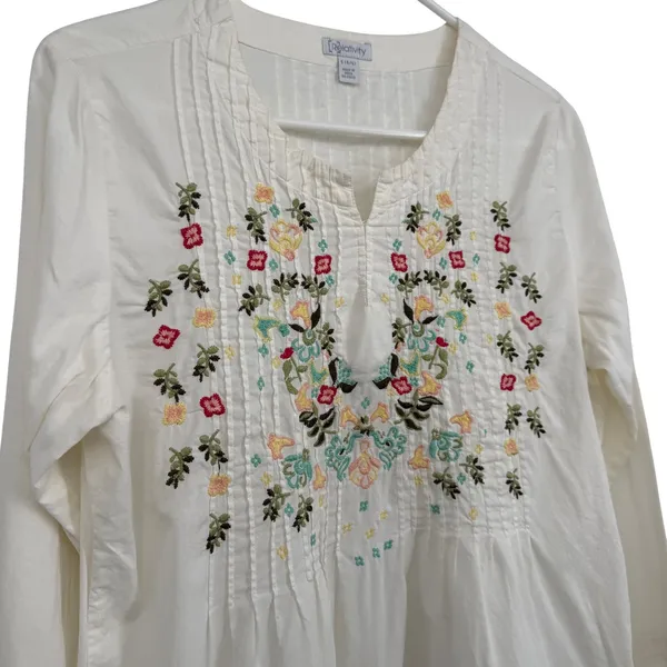 Relativity Womens White Cotton Embroidered Pintuck Long Sleeve Peasant Blouse S‎ - Image 2