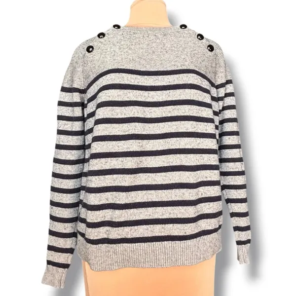 Boden Gray Navy Breton Stripe Wool Cotton Sweater Shoulder Button Nautical Large - Image 10
