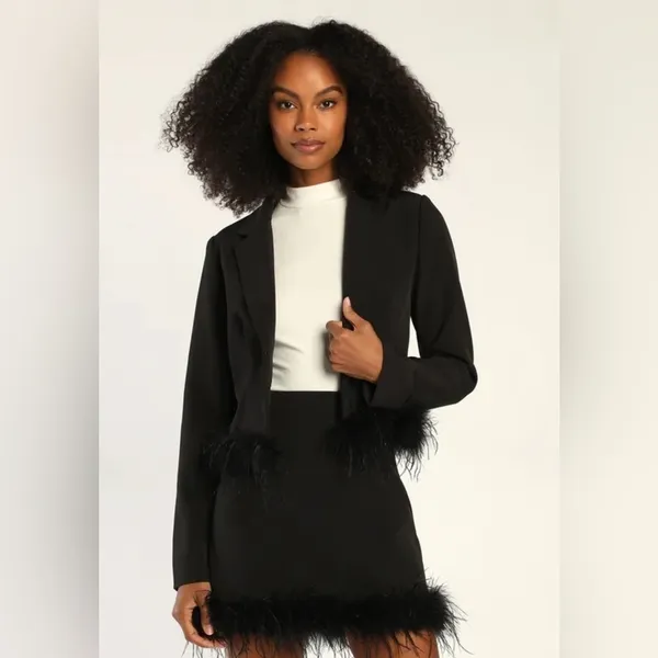NWT Lulus Celebratory Sweetie Feather Crop Blazer Large Black Cocktail Party - Image 4
