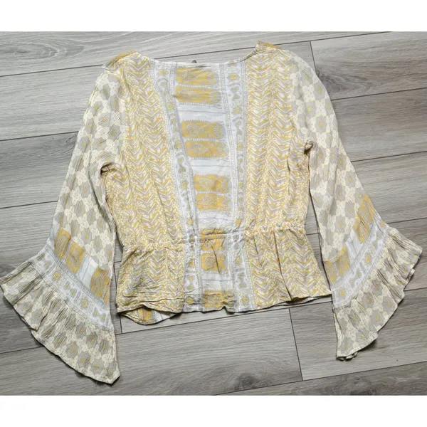 Free People Boho Peplum Top Mustard Floral Long Sleeve V-Neck" Sz S/P - Image 5