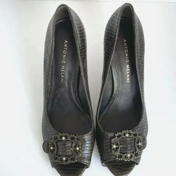 Antonio Melani Sz 6 Brown Buckle Snake Embossed Leather‎ Peep Toe Stiletto - Image 2