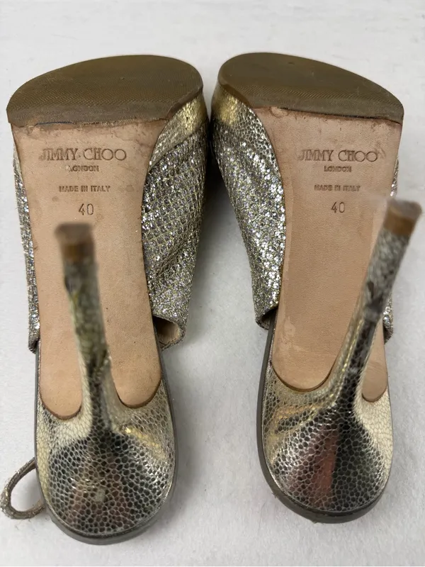 Jimmy‎ Choo Glitter Slingback Peep Toe Heels Gold Metallic EU 40 - Image 4