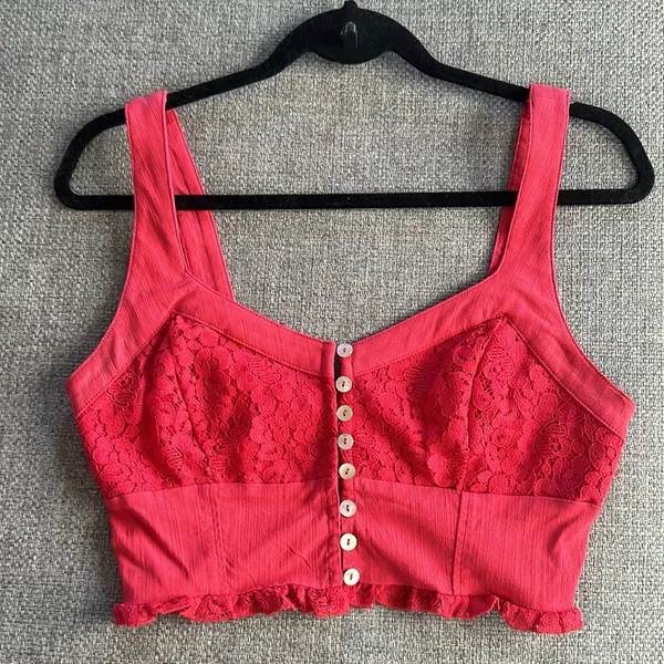 Free People Pink ButtonUp Lace Cropped Top - Image 3