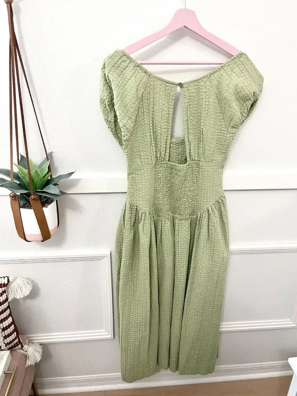 Free People Free-est Ciara Pucker Check Midi S Milkmaid Olive Sage Cottagecore - Image 4