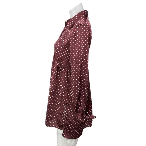 Zara Maroon Long Sleeves Silk Satin Polka Dots Tunic Blouse Shirt Dress Size M - Image 2