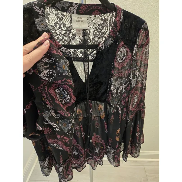 Knox Rose Sheer Paisley Lace Velvet Accent Boho Tunic Blouse Black Pink Women M - Image 4