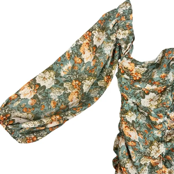 Hello Molly Basque Country Long Sleeve Ruched Mini Dress Floral Sage M NWT Event - Image 7