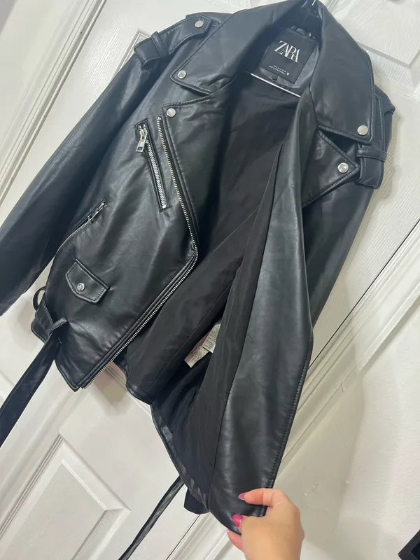 Zara Faux Leather Moto Jacket Biker Grunge Streetwear Belted Black Size L - Image 6