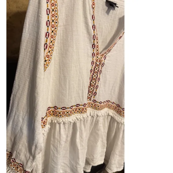 Topshop Ivory Embroidered Boho Peasant Blouse Babydoll Fringe Top US 12 - Image 8