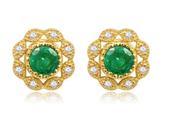 14K Gold Plated Diamond Green Gemstone Emerald Stud Earrings for Women - Image 3