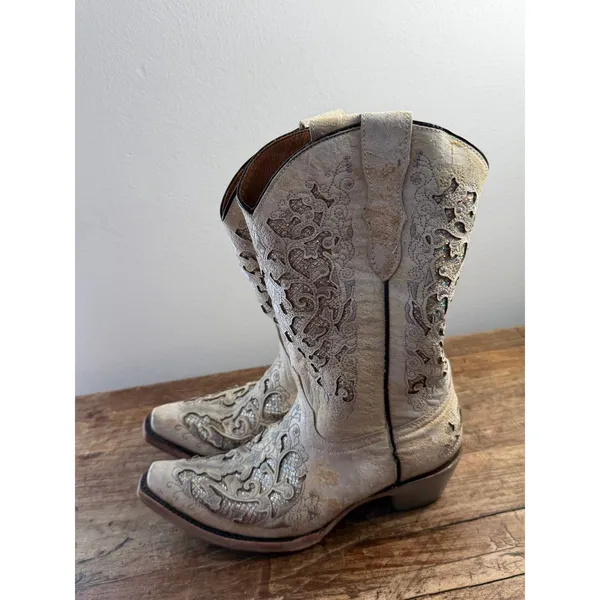 Corral Teens White Glitter Inlay & Embroidery Cowgirl Boots size 5 - Image 4