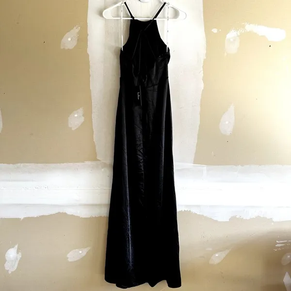Lulu's Make it Elegant Satin Strappy Maxi Dress Halter Neck Slit Formal Black XS - Image 6