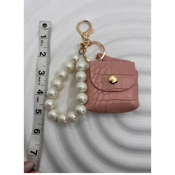 NWT Mini Purse Keychain Pink Faux Leather with Pearl Handle, Coin‎ Holder - Image 3