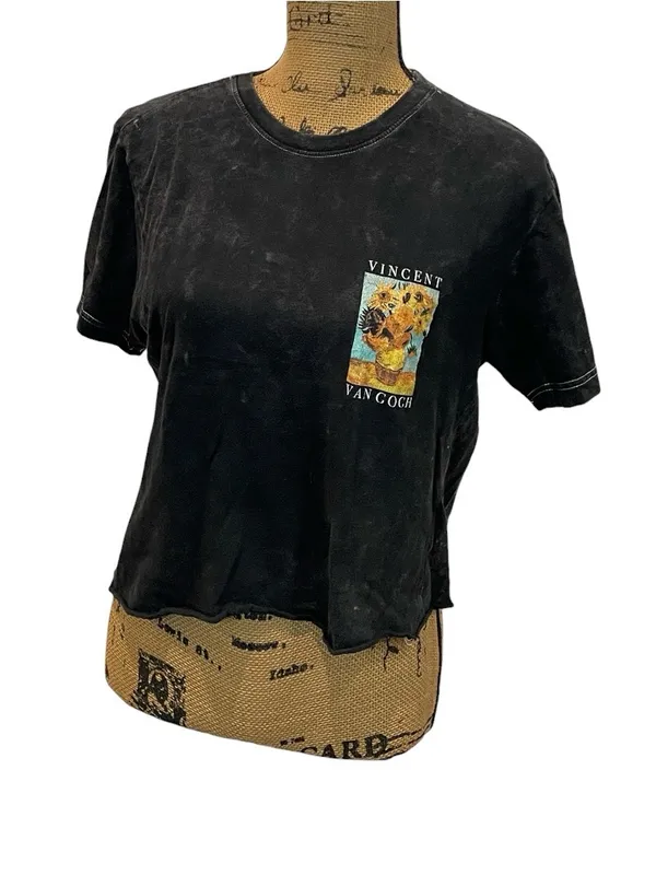 Black Mineral Distressed Cropped Graphic Tee Vincent Van Gough Size M - Image 2