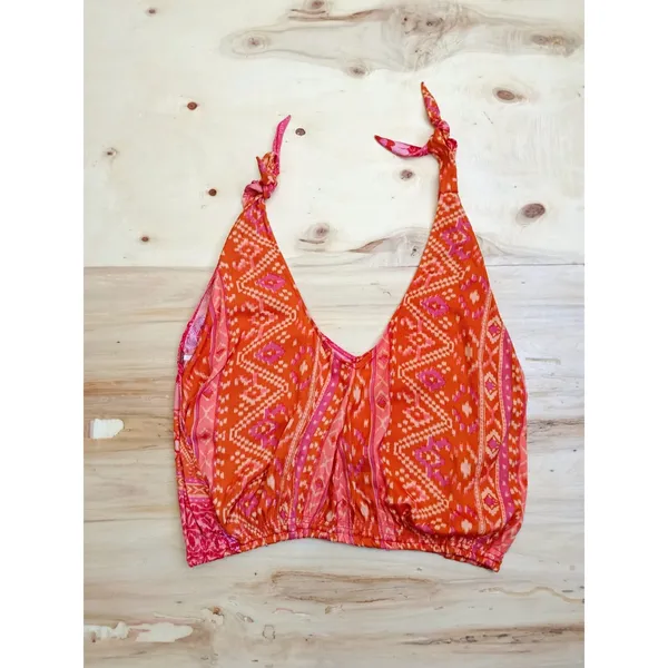 Free People Halter Top Womens M Orange Pink Paisley Floral Boho Festival - Image 6