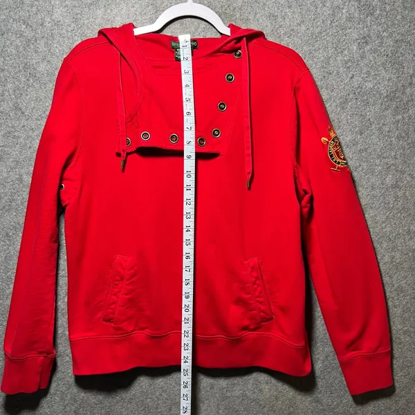 Lauren Ralph Lauren Red Asymmetrical Button Hoodie Crest Sleeve‎ Womens L Y2K - Image 6