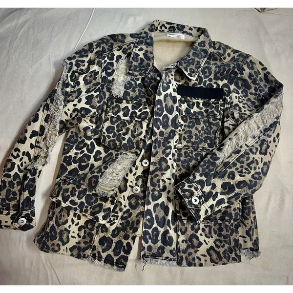 Dance And Marvel Leopard Distressed denim Jacket, Fits Med (D27) - Image 5