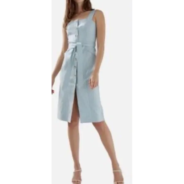 Babaton Aritzia Kofi Dress Size 4 Tan Linen Blend Button Front Midi Apron Belted - Image 6