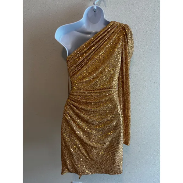 NWT IEENA Mac Duggal‎ One Shoulder Sequin Mini Dress 2 Gold 26977 Cocktail Party - Image 10