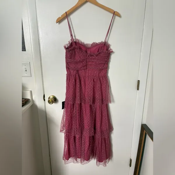 Lulus Sweetheart Style Mauve Polka Dot Bustier Tiered Midi Dress Size Small NWT - Image 5