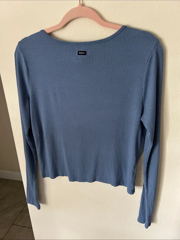RVCA blue ribbed tie front long sleeve top L Y2K school casual - Image 5
