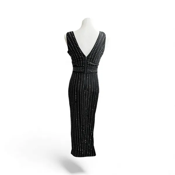 Black Rhinestone Embellished V-Neck Bodycon Sheath Dress Vintage style 50's Med‎ - Image 2
