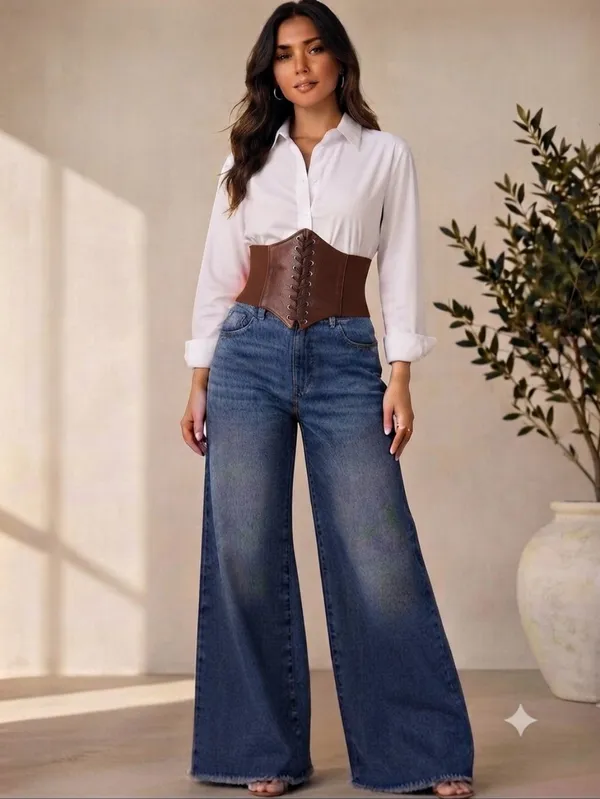 Vintage Style Brown Faux Leather Lace Up‎ Elastic Girdle Casual Wide Waistband - Image 2