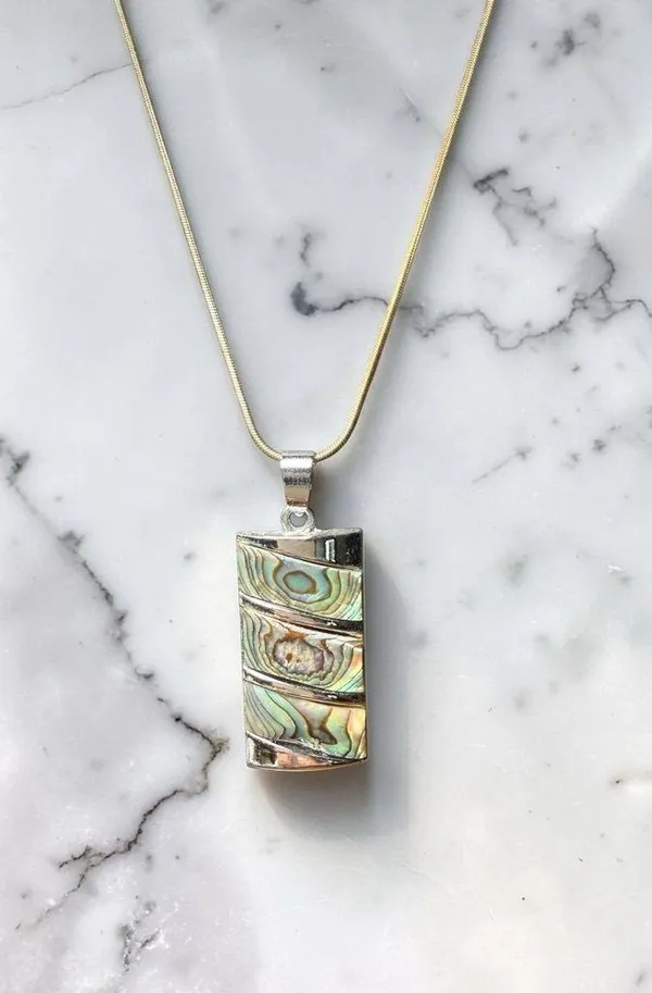 Abalone Paua Shell Inlay Rectangle Pendant Necklace Gold Tone Snake Chain Boho - Image 2