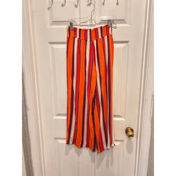 ILLA ILLA Womens Orange Striped Smocked High Waist‎ Wide Leg Palazzo Pants L - Image 4