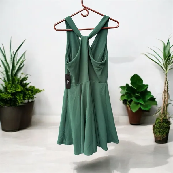 Lulus NWT Wonder Whirl Dark Green Twist Back Skater Dress XL - Image 4