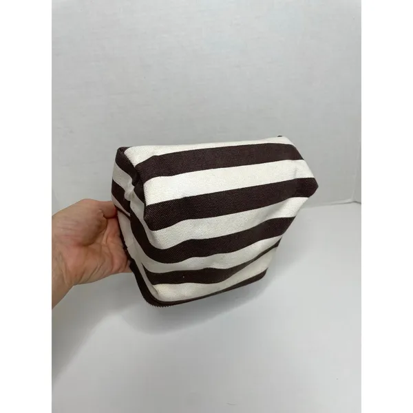 Henri Bendel Cosmetic Bag Brown White Stripe Blue Strap - Image 7