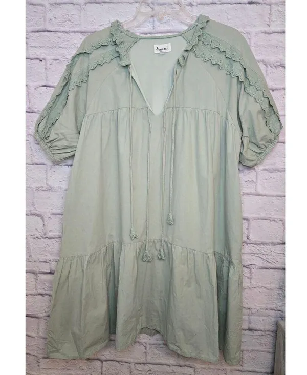&Merci green cotton boho gauze peasant puff sleeve lace dress medium. - Image 2