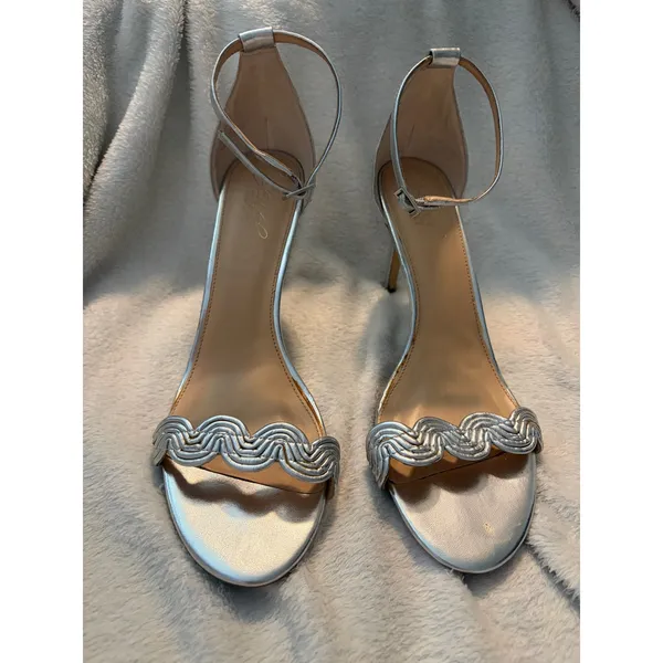 Jewel Badgley Mischka Heeled Sandals Stiletto‎ Silver Braided Strap 8.5 - Image 2