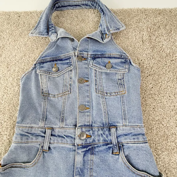 Gianni Bini Denim Halter‎ Maxi Dress Womens XS Light Wash Western Y2K Festival - Image 4