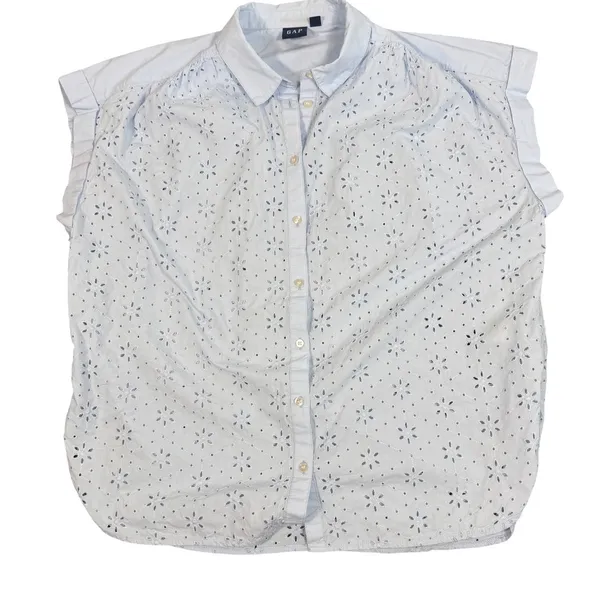 Gap Eyelet Blouse Womens L Light Blue Embroidered Button Front Cap Sleeve Top - Image 9