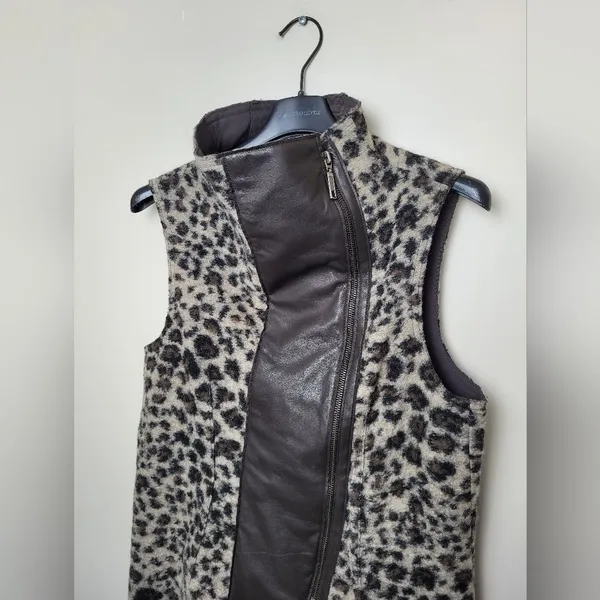 Elaine Kim Fur and Leather Vest Zip Biker Lagenlook Animal Print Size Large - Image 7